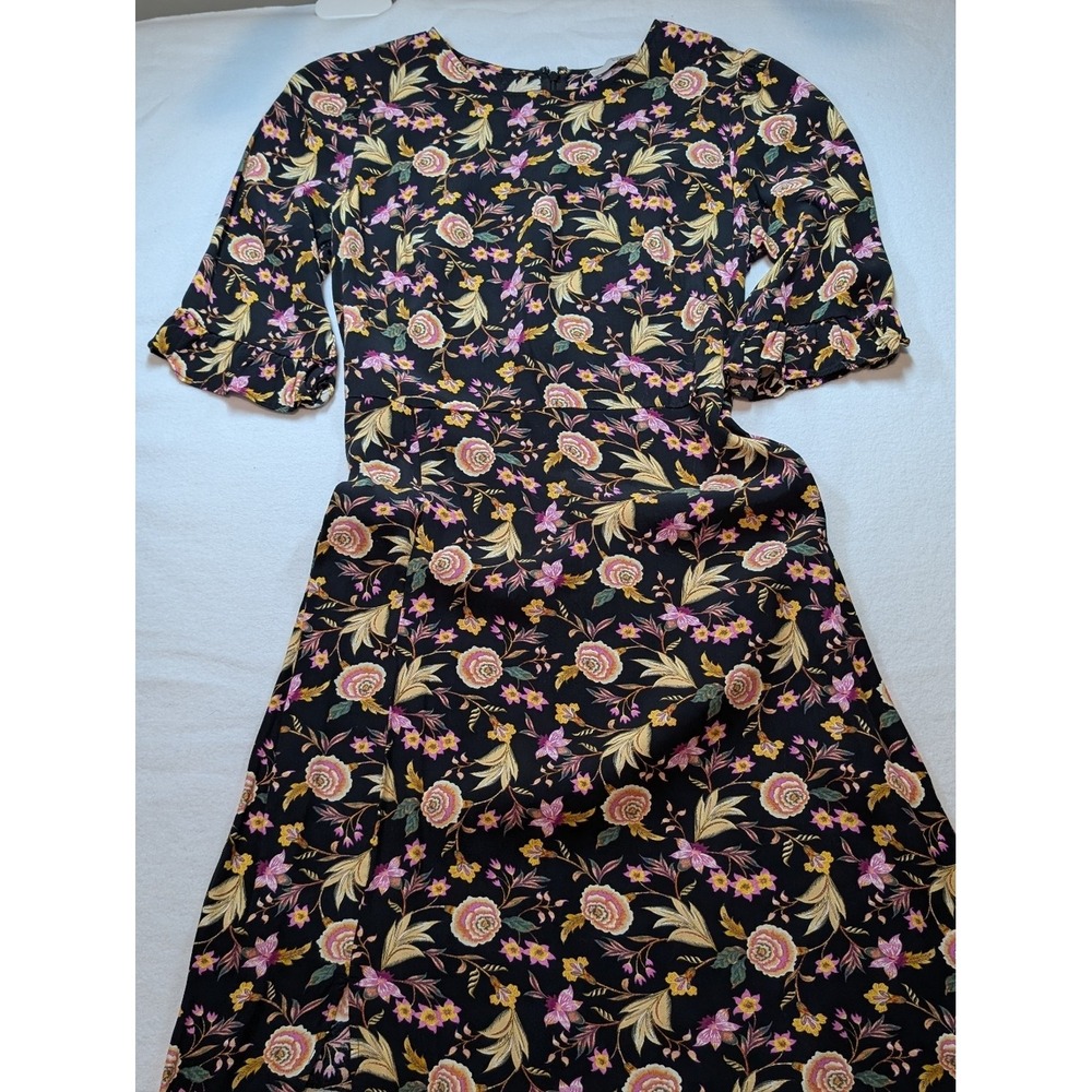 Loft Floral A-Line Dress in Black with Pink & Gold Print